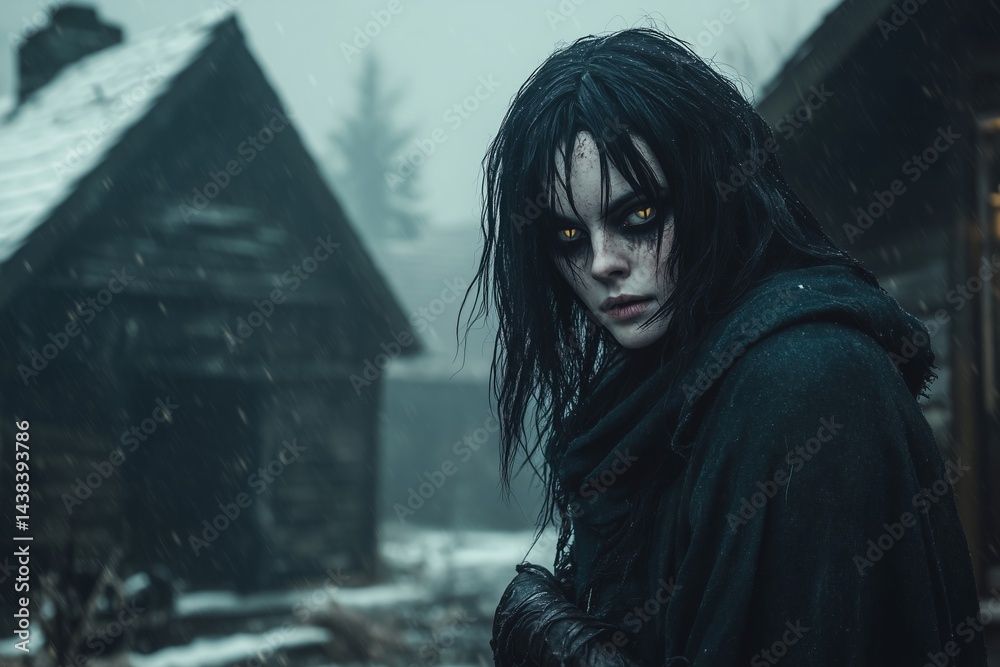 Dark hooded woman in snowy village