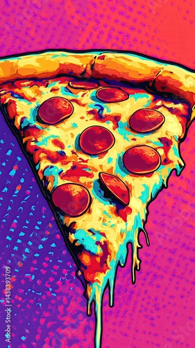 Pizza Digital colorful neon pizza slice floating in cyber Vibrant slice of pepperoni pizza illustration.