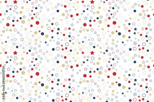 Seamless vector pattern multicolored polka dots Red yellow blue speckles stars Summer spring print children's fabrics Isolated background Wrapping paper Typography fabric design Scrapbooking