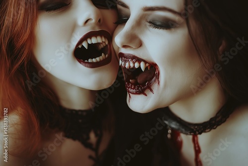 Gothic vampire women with bloody fangs