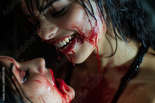 Gothic vampire women with bloody fangs