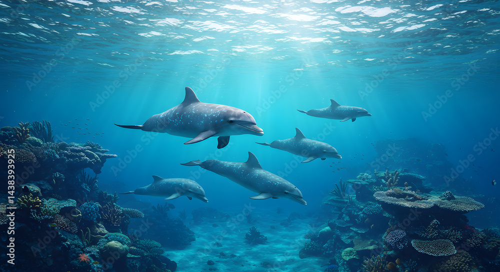 Fototapeta premium Ocean's Grace: Dolphins swimming in a coral reef