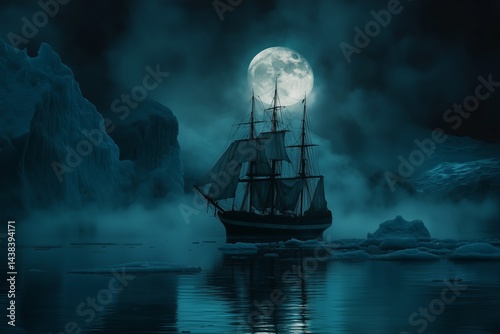 Tall ship under full moon