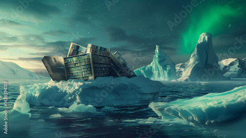 Emphasize glacier melting, global warming, and ecological crisis，Melted Glacier Hosts a Floating Library with Driftwood Bookshelves, Refugees Reading Beneath the Aurora Borealis, Icebergs Molded 