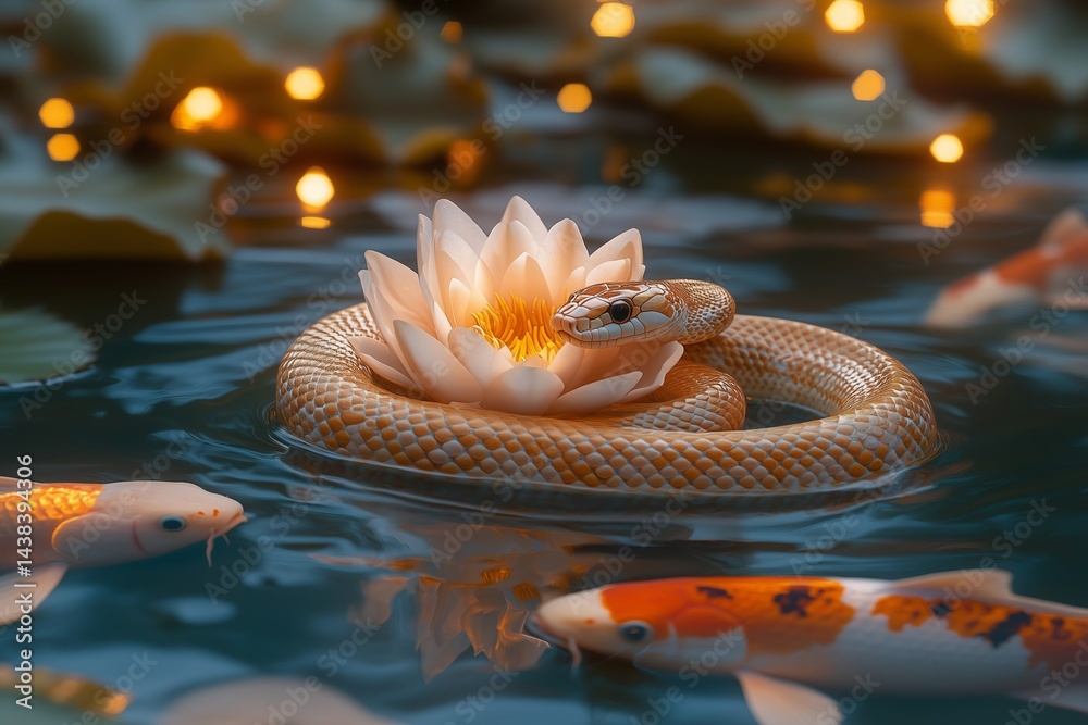 Golden snake on lotus flower