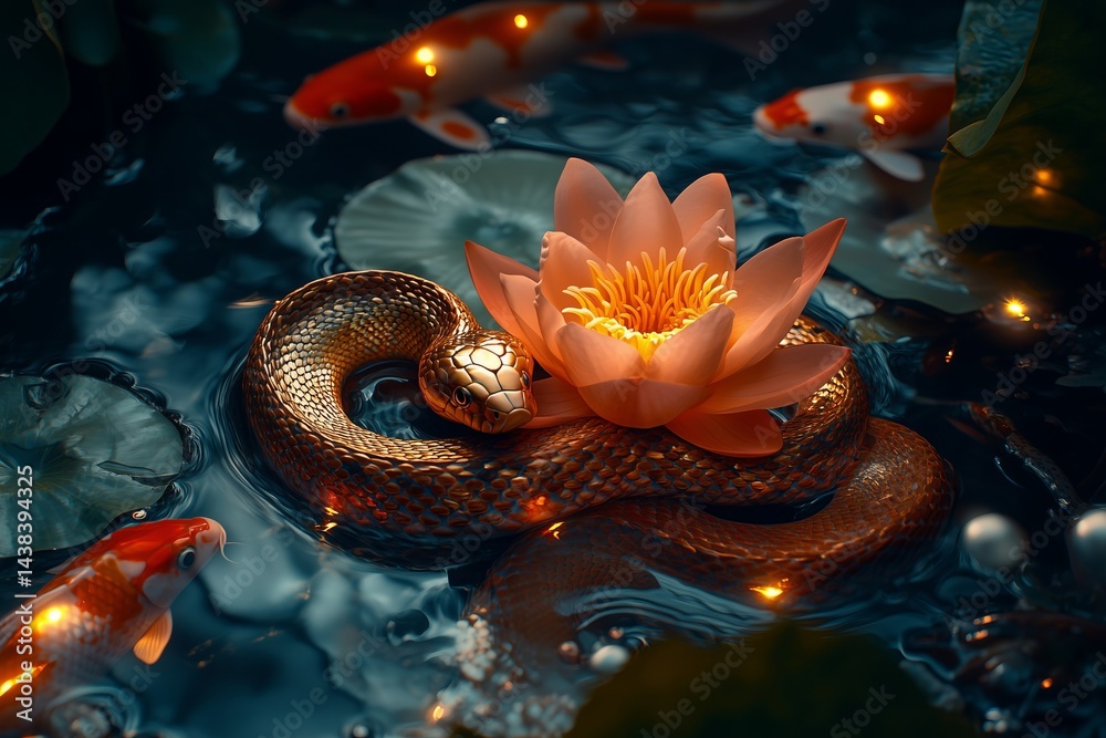 Golden snake on lotus flower
