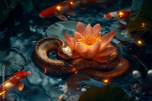 Obraz na płótnie Golden snake on lotus flower w salonie