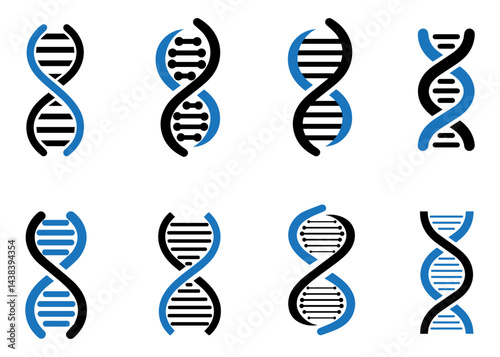 Modern DNA Helix Icons Set in Blue and Black Colors