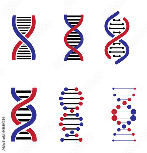 Colorful Red and Blue DNA Helix Icons Set for Science and Genetics Design
