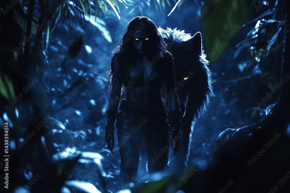 Woman and wolf walking through jungle at night