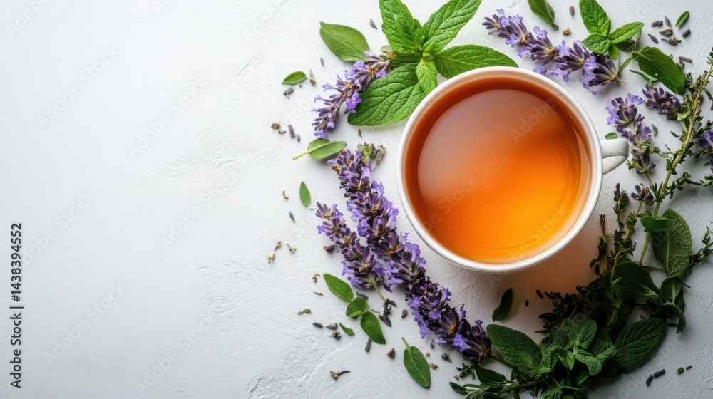 Aromatic Herbal Tea with Lavender Mint and Thyme on White Background