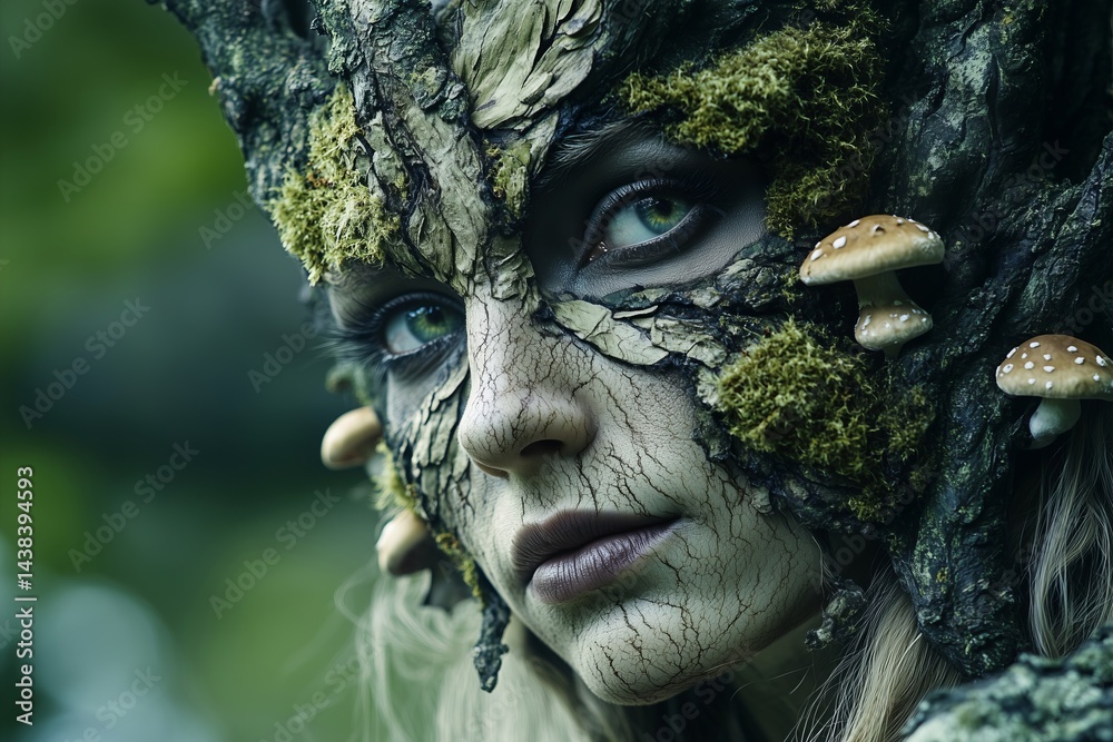 Dryad with bark and mushrooms close-up
