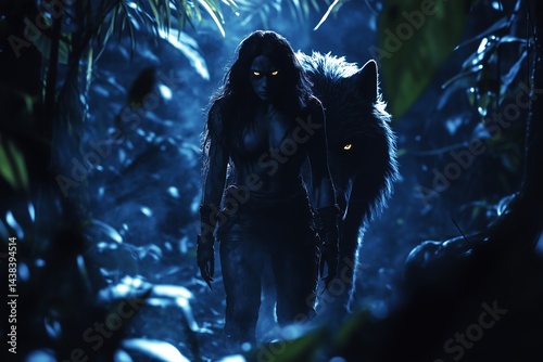 Obraz na płótnie Woman and wolf walking through jungle at night w salonie
