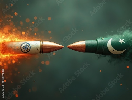 Bullets in Indian and Pakistani colors speeding toward collision, highlighting conflict and dramatic movement.

