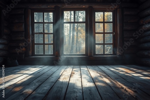 Obraz na płótnie Wooden cabin with forest view w salonie