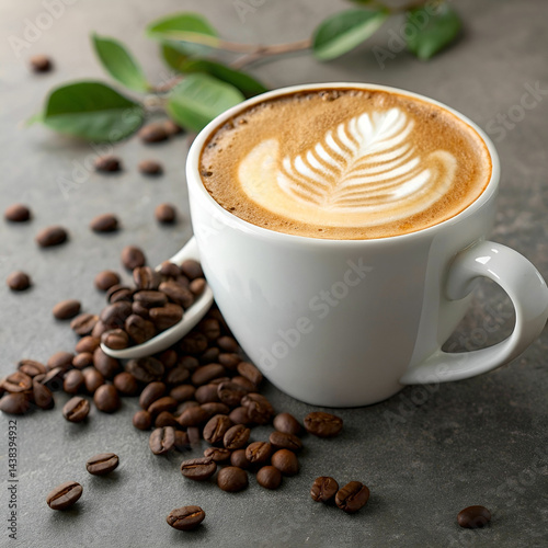 front view coffee latte with coffee beans