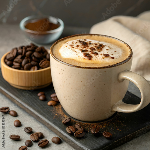 front view coffee latte with coffee beans