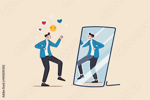 Self acceptance, love and respect yourself, key to success, confidence and positive thinking, attitude or mindset for leader concept, confidence businessman appreciate his self reflection on mirror.
