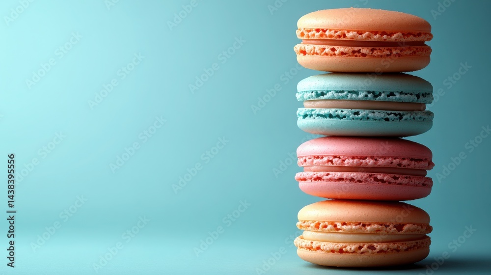 Delicious Stack of Pastel Macarons on Teal Background Sweet Treat Photography