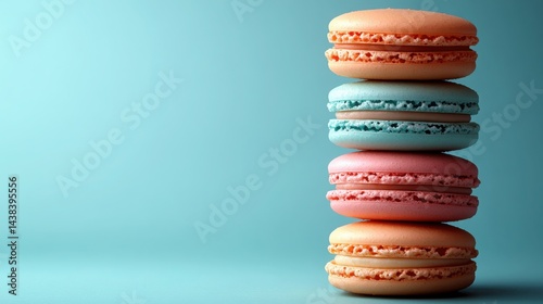 Obraz na płótnie Delicious Stack of Pastel Macarons on Teal Background Sweet Treat Photography w salonie