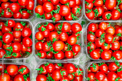 cherry tomatoes in the trays, top view, close-up