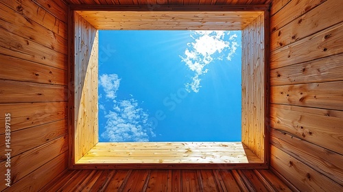 Wooden frame opening to a vibrant blue sky