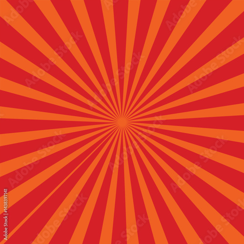 Pop art background for poster or book in red color. Radial rays backdrop with halftone effect in comics style design.