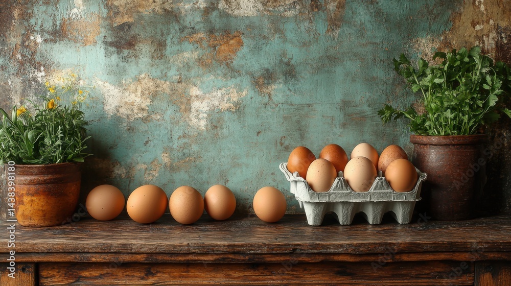 Rustic Still Life Fresh Brown Eggs Herbs and Flowers on Wooden Table