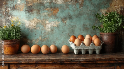 Obraz na płótnie Rustic Still Life Fresh Brown Eggs Herbs and Flowers on Wooden Table w salonie
