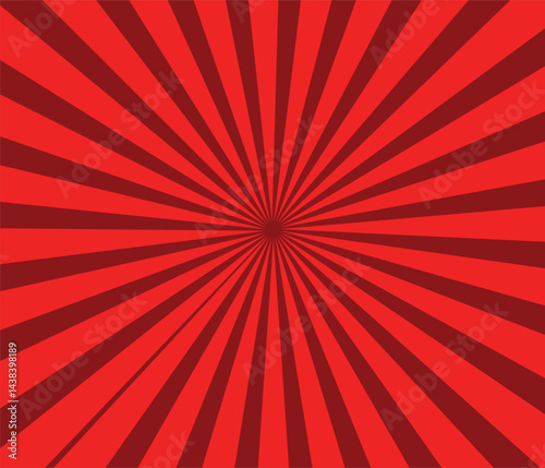 Pop art background for poster or book in red color. Radial rays backdrop with halftone effect in comics style design.