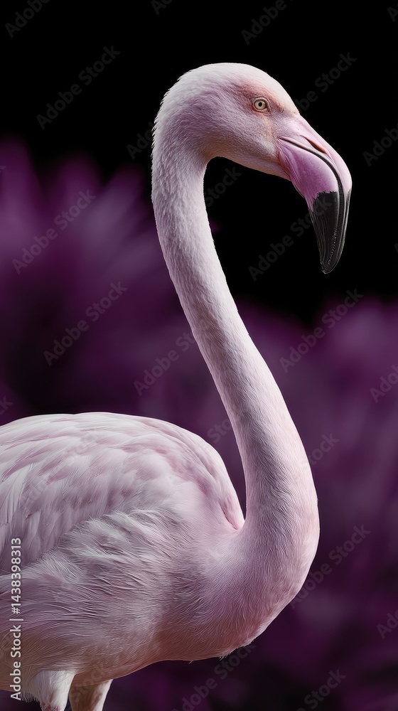 Naklejka premium Pink flamingo profile against purple bokeh