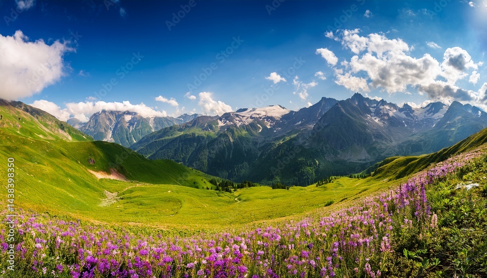 Obraz premium panoramic view of the blooming flowers summer meadow in the mountains and blue cloudy sky alpine seasons natural background