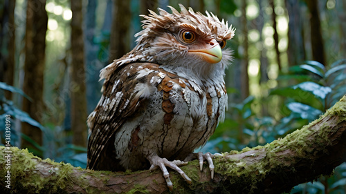 frogmouth A fantasy frogmouth with bark-textured feathers, blending into a magical forest of sentient trees and glowing fungi