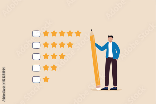 Evaluation or satisfaction feedback, performance rating or customer review, giving stars quality result, rate the service concept, thoughtful businessman holding pencil to evaluate star feedback.