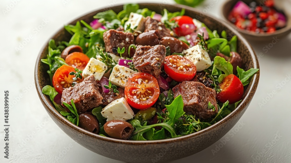 Delicious Steak and Feta Salad with Tomatoes Olives and Mixed Greens