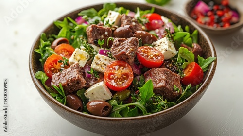 Obraz na płótnie Delicious Steak and Feta Salad with Tomatoes Olives and Mixed Greens w salonie