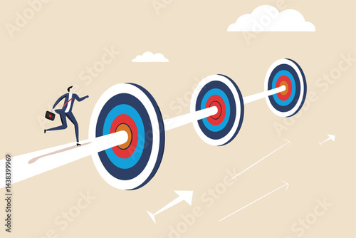 Achievements or challenge to achieve targets and business goals, objectives and purpose, journey to succeed in work and career concept, confidence businessman running on arrow way through targets.
