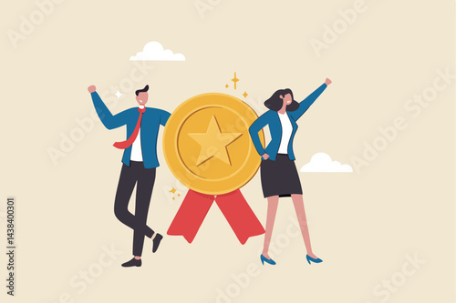 Professional or expert who success and win award, best office employee or specialist with skills to achieve goal concept, success businessman and businesswoman professional stand with star award.
