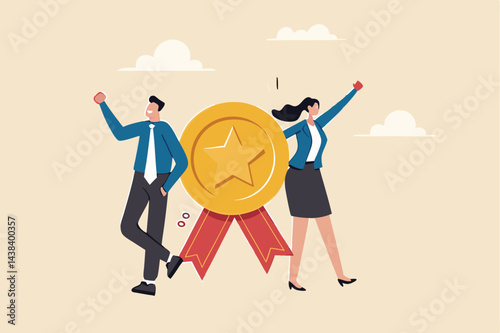 Professional or expert who success and win award, best office employee or specialist with skills to achieve goal concept, success businessman and businesswoman professional stand with star award.