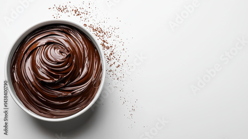 Rich chocolate spread in white bowl with cocoa powder accents