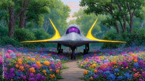 Wallpaper Mural Futuristic aircraft rests in vibrant floral meadow Torontodigital.ca