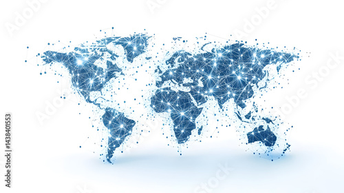 A blue and white world map with many lines and dots