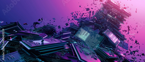 Collapsed Data Center Tower with Fragmented AI Chips, Figures Crawling to Reassemble Blockchain Tablets，The concept of collapse of technological hegemony