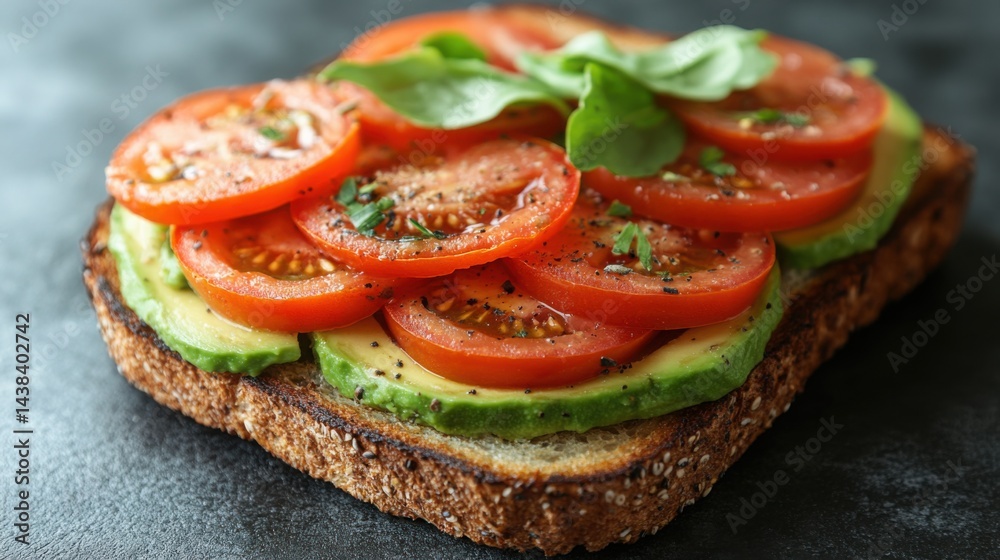 Delicious Avocado Toast with Sliced Tomatoes Basil and Spices Delicious Avocado Toast with Sliced Tomatoes Basil and Spices