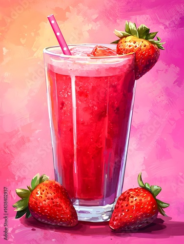 Photo of a Strawberry Smoothie with Straw and Fresh Strawberries