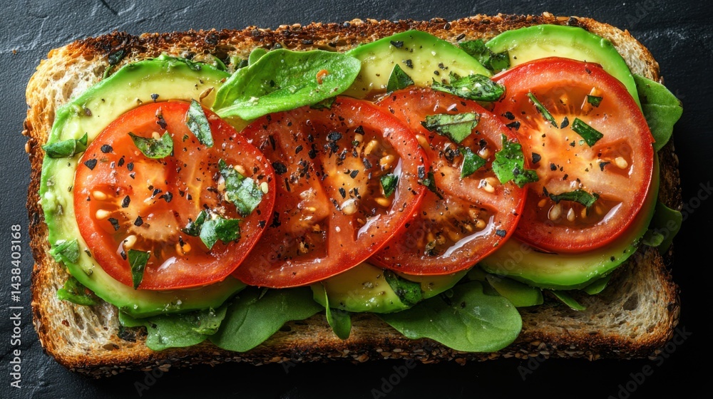 Delicious Avocado Toast with Sliced Tomatoes Basil and Spices