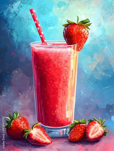 Photo of a Strawberry Smoothie with Straw and Fresh Strawberries