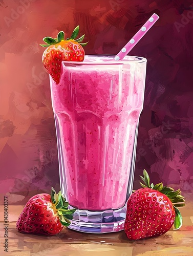 Photo of a Strawberry Smoothie with Straw and Fresh Strawberries