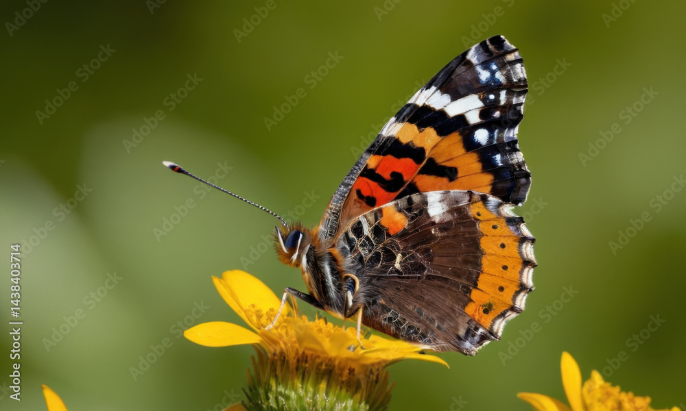 A colorful butterfly perched on a bright yellow flower, simple and natural scene A colorful butterfly perched on a bright yellow flower, simple and natural scene