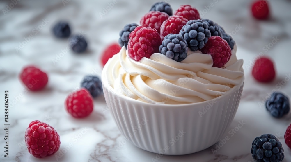 Delicious Whipped Cream Dessert with Raspberries and Blackberries in a Bowl